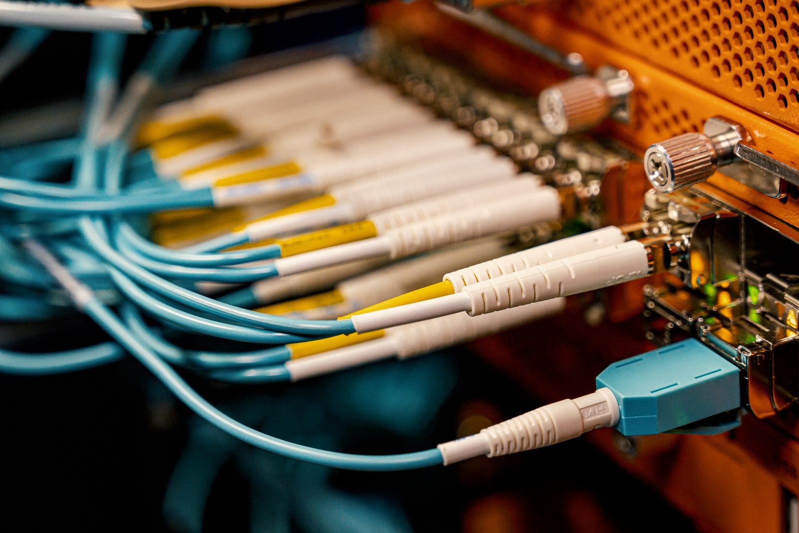 Connecteurs de fibre optique branchés sur un équipement